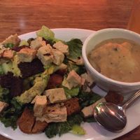 kale Caesar with grilled chick'n and side of cauli-potato mash at Veggie Grill by Next Level in Portland
