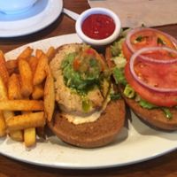 grillin chickin sandwich, mac and cheese, and fish tacos! at Veggie Grill by Next Level in Portland