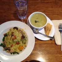 Harvest Bowl and asparagus soup  at Next Level Veggie Grill in Portland