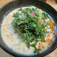 Creamy soy milk ramen with chilli oil and seasonal greens as topping (kale and daikon when we went in early May) at Tsukemen Zuppa - (つけ麺zuppa) in Tokyo