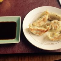 Gyoza dumplings with organic soy sauce at Prunus in Kyoto