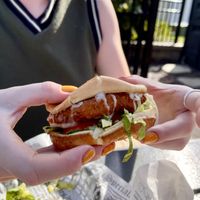 Vegan chicken sandwich with veg mozzarella   at Lil Beaver Brewery in Bloomington