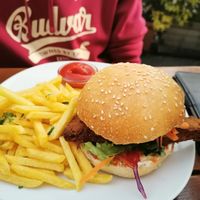 Schnitzelburger with French fries at Cafe Erde in Graz