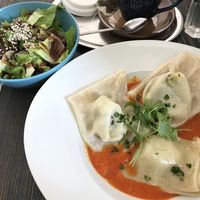 Delicious lunch special — ravioli and a salad   at Cafe Erde in Graz