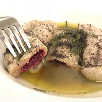 Beet filled dumpling in vegan butter sauce. at Cafe Erde in Graz