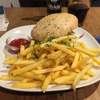 Vegan Burger with fries. at Cafe Erde in Graz