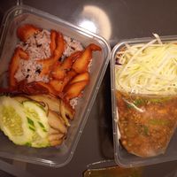 Delivery: vegan duck and pork on rice, papaya salad at Eat Me Veggie & Vegan in Bangkok