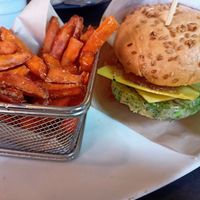 "Edamami" burger with sweet potato fries at Goiko in Sevilla