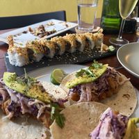 Oyster roll and fish tacos  at Terrestre Cocina Compasión in San Juan