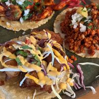 Mushroom al pastor, soyrizo, and ensenada style cauliflower tacos all vegan    at Xécora in El Monte