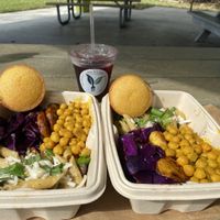 Rasta Pasta aded to chickpea curry rice bowl with cornbread. Yummy! #Veganuary at Blue Tree Cafe Vegan Soul Food - Cloud Kitchen in Fort Lauderdale