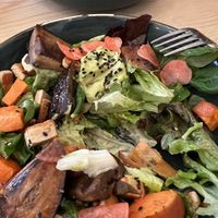 warm salad with eggplant, sweet potato, tofu…- just delicous !   at La Oveja Negra in Madrid