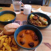 Albondigas with potatoes, soup and stew, cocos lemonade at La Oveja Negra in Madrid