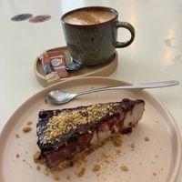 Indulgent! Cinnamon soy latte and incredible cheesecake    at La Oveja Negra in Madrid