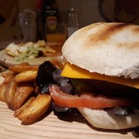 The new Vegan Queen burguer using Beyond Meat...delicious!! at La Oveja Negra in Madrid