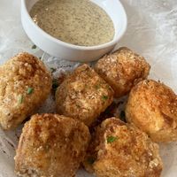 Tofu nuggets and mustard sauce. They use rice flour for the nugget breading.  at Bandit Coffee Co in St Petersburg