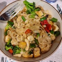 Created stir fry with tofu, peppers, mushrooms and brocoli at Take a Wok in Santiago