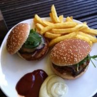 Vegan burger, french fries, ketchup and vegan mayo at Culux in Cologne