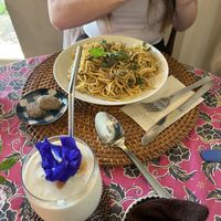Spaghetti, vegan cookies and banana ‘milk’ - made with soy milk    at Joo Chiat Café - ジュー・チャット・カフェ in Ishigaki