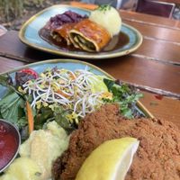 Veganes Schnitzel „Wiener Art“ mit Kartoffel-Gurkensalat & Tempeh- Rouladen mit Dunkelbiersoße, Apfelrotkraut und Kartoffelkloß  at Bodhi in Nuremberg