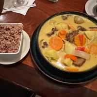Yellow curry with mock duck and red rice (called brown rice on the menu) at Lemongrass in Moss Landing