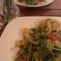 vegan Thai yellow curry and black bean pasta with peanut sauce at Good Earth Organic Eatery in West Cape May