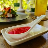 Rosewater dressing for salad with seared broccoli and sesame croutons. at Embark in Nairobi