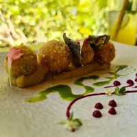 Butternut balls fried in panko with basil and beetroot dressing. at Embark in Nairobi