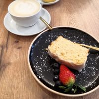 Lemon cake and Chai latte at Café Chocolate in Cologne