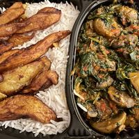 Mushroom efo meal: Mushroom efo, plantains, & white rice   at Afro Delight in Limerick