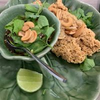 Vegan crispy catfish with sauce.  at Vegan Style By Mars De in Bangkok