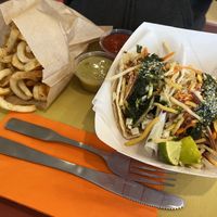 2 jackfruit tacos with Thai Pesto and a large order of twisted fries   at Our Food Is Art Restaurant and Bar in Crestone