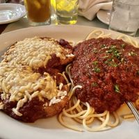 Vegan chicken parmigiana with spaghetti marinara  at Chase Restaurant and Lounge - temporarily closed in Santa Barbara