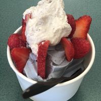 Blue vanilla w/ blue spirulina, coconut cream and fresh strawberries.  at The Coco Nut in Eugene