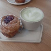 Mini krafin with blueberry filling + matcha latte at Krafin in Prague