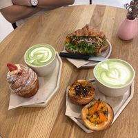 Matcha Latte, Krafin Erdbeere, Croissant Karottenlachs, herzhafte kleine Krafins  at Krafin in Prague