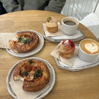 Pizza croissant and sweet krafins (pistachio and berry)  at Krafin in Prague