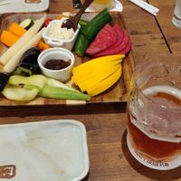 On the summer IPA with vegetables selection with miso dip at Yamanoma Brewery Craft Beer Pub in Nagano