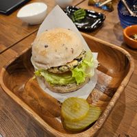 Tofu patty burger at Yamanoma Brewery Craft Beer Pub in Nagano