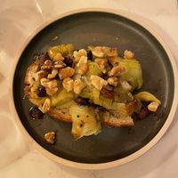 Sweet and sour leeks on toast  at Five Little Pigs in Wallingford