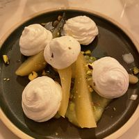 Pink peppercorn pear with meringue   at Five Little Pigs in Wallingford