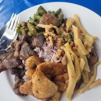 Tofu, mushroom, bamboo and greens with rice at Youta Vegan Foods in Bangkok