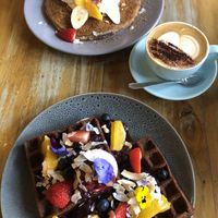 Pancakes & chocolate waffle  at Little Bird Cafe in Northbridge