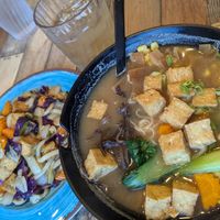 I got the vegan ramen (black bowl). My grandmother got the special udon noodles with cabbage (but I think it has fish sauce, not sure, she is not veg so she didn't ask). at Maken Zi Ramen & Rice Bowls in West Boylston