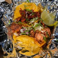 Birrera and pastor  vegan tacos  at La Taqueria Brand in Garden Grove