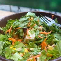 Custom salad bowl with tofu, brown rice, sweet potato, carrot and sweetcorn at With Green   in Tokyo