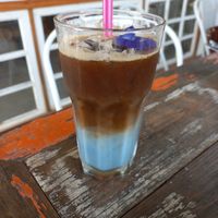 Butterfly pea almond milk latte at Ginger Farm in Chiang Mai