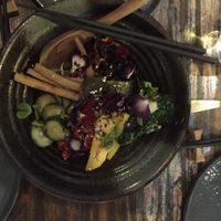 From 2017 summer menu:
MACRO TSUKEMONO DONBURI
Assorted Home-Pickles. Cashew Unagi. Hijiki & Black Beans. Sautéed Greens. Coconut Aminos Teriyaki. Sansho-Aonori. Short Grain Brown Rice (V.GF.BF) at Nectar in Hong Kong Island