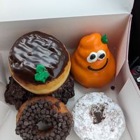 Blueberry fritter, chocoholic, shell donut (boston cream without cream), powdered doughnut with jelly filling and VEEGEE (cake doughnut with orange frosting) at Pinkbox Doughnuts in St George