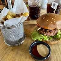 Beyond burger with vegan mayonnaise and fries   at Golden Prague Pub in Puerto Ayora